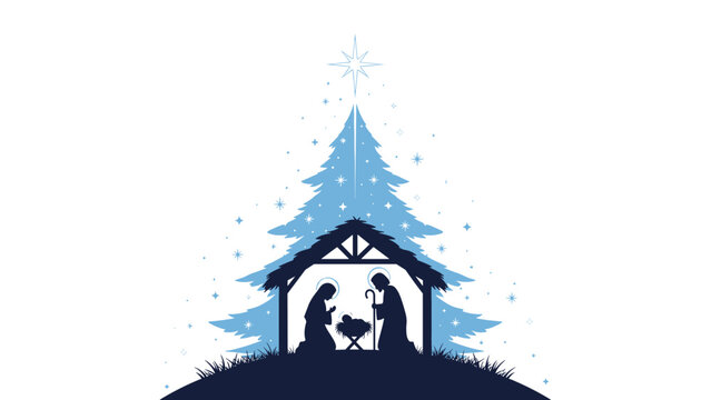 Dark blue silhouette of a nativity scene with Mary, Joseph, and baby Jesus in a stable set against a large stylized Christmas tree.