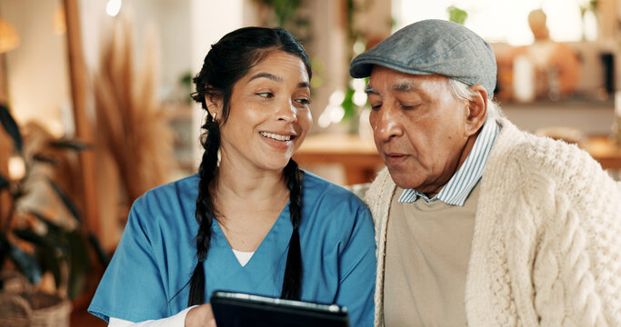 Nurse, report and tablet with old man in assisted living for feedback, medical advice or review. App, consulting and explain with healthcare woman speaking to senior patient in retirement home