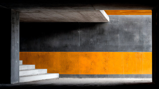 disavowal. Construction site with abstract industrial elements, metal and concrete textures, and dramatic side lighting. real-estate listings.