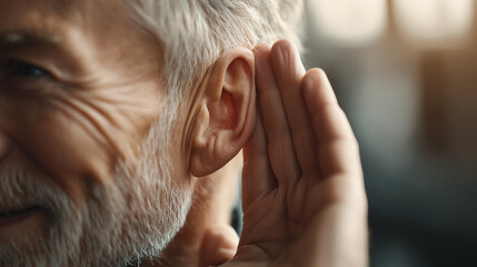 Fototapeta premium Close-up of older man with hand near his ear listening with keen interest, hearing concept