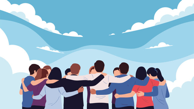Group of people standing together with their arms around each other looking up at a beautiful blue sky with soft white clouds.