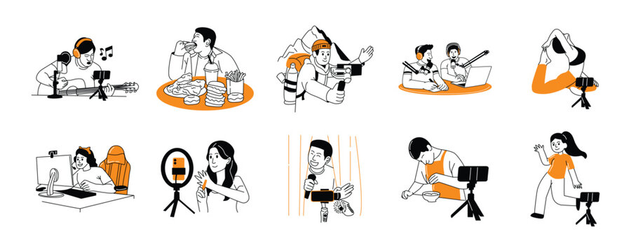 Flat line art illustration of content creator characters set with various activities. doodle line art illustration set of content creators, influencers, and digital streamers activities