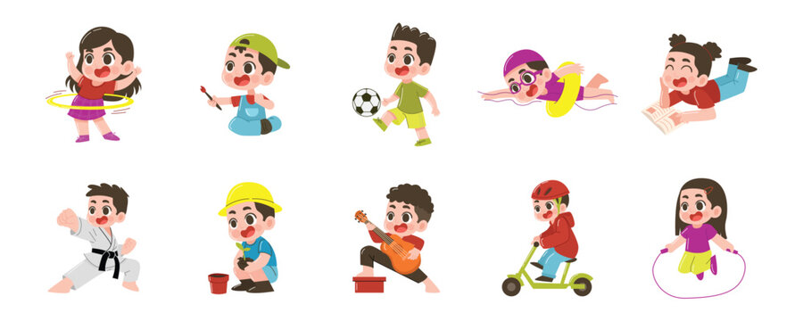 Vector Illustration of Kids Character Collection Doing Various Activities and Hobbies. Flat Cartoon Style Kids Character Doing Various Activities and Hobbies Collection Set Vector