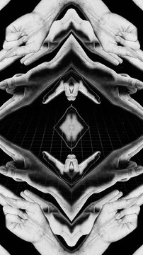 A mesmerising kaleidoscopic style abstract background featuring posed spinning hands in a looping pattern.
