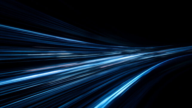 Abstract digital data stream with binary code and light trails on dark background