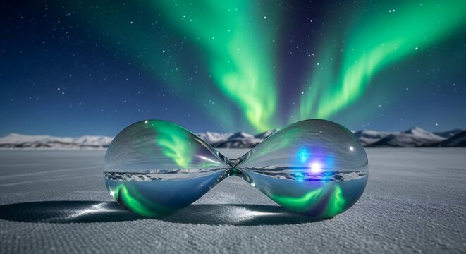 A glass hourglass placed horizontally on a frozen, linen-textured surface. The hourglass is filled with the Aurora Borealis&mdash;swirling greens and cosmic indigo light. The background features a distant i