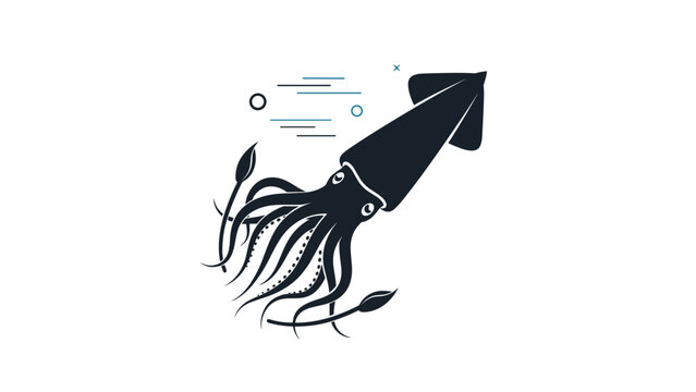 Stylized silhouette of a squid swimming upwards with tentacles trailing behind on a clean white background for marine designs.