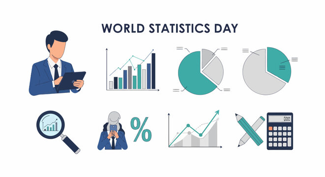 Illustration for World Statistics Day featuring business professional bar charts pie graphs and calculation tools