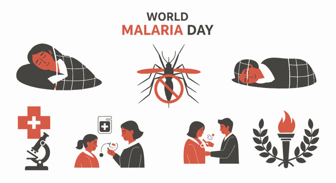 Infographic for World Malaria Day featuring people under mosquito nets medical testing and a prohibited mosquito icon