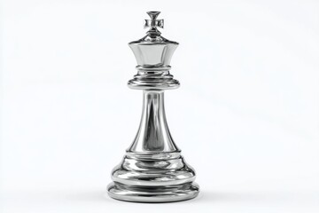 Fototapeta premium Silver King Chess Piece on White Background Detailed Reflection Strategic Game Symbolism