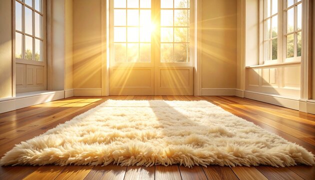 Bright sunlit room with golden rays streaming through window, illuminating cream shag rug on wooden floor, minimal clean interior with light walls and door, serene cozy atmosphere of natural light ind