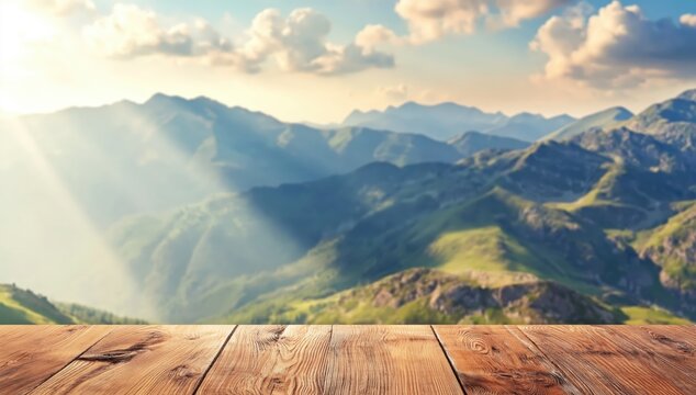Sunlit mountain range with clouds above, viewed from a wooden deck in the foreground.