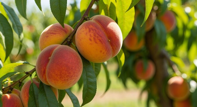 Vibrant Peach Orchard Luscious Peaches Dangling from Lush Trees in a Sunlit Summer Garden Scene