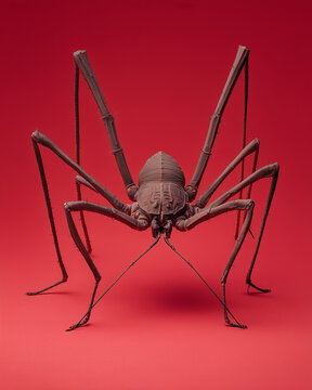 a color photograph of a tailless whip scorpion, full body, isolated on red background