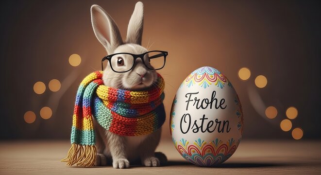 A cute rabbit wearing glasses and a colorful scarf sits next to a decorated Easter egg with the words Frohe Ostern on it.