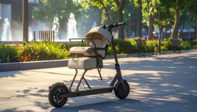 Sleek matte black electric scooter with aerodynamic design and rear storage box, parked on paved urban plaza with trees, fountain, and tall buildings in background, morning or late afternoon light cas