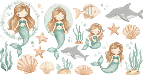 Fototapeta premium Whimsical illustration of three mermaids surrounded by ocean creatures and seaweed in soft pastel colors