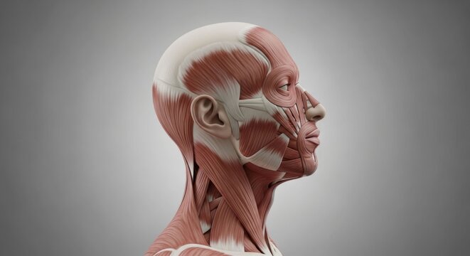 Anatomical Illustration of Human Head Muscles and Tissues, Detailed Medical Study.