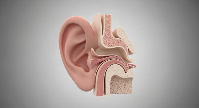 Anatomical Illustration of the Human Ear and Nasal Cavity, Detailed Medical Diagram.