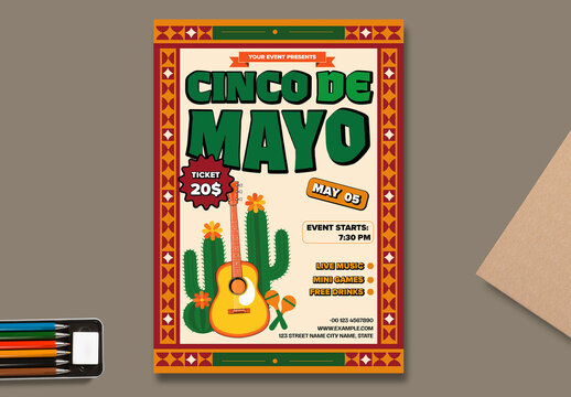 Cinco De Mayo Fiesta With Guitar Cactus And Mexican Pattern Border Flyer Template