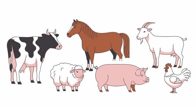 Group of farm animals standing together.