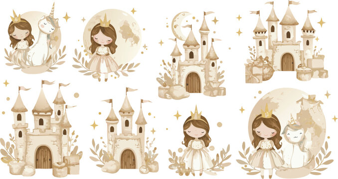 Whimsical illustrations of princesses and fairy tale castles in soft pastel colors for children
