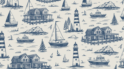 A vintage style repeating pattern depicts coastal scenes with boats houses lighthouses and small islands evoking a nautical aesthetic high quality professional detailed modern elegant stylish © Raian