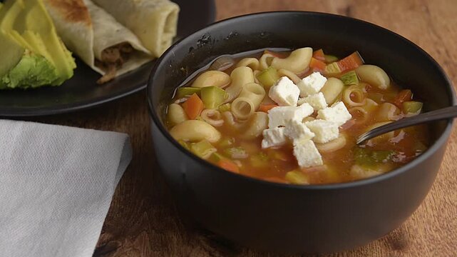 Elbow macaroni or elbow macaroni soup with chicken broth and tomato, carrot and other vegetables in a black bowl with some tacos and avocado slices on the side on a wooden table, with a white napkin, 