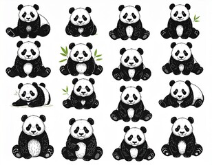 Obraz premium Ten cartoon pandas in varied poses arranged in a grid, symbolizing cuteness, playfulness, and expressive charm.
