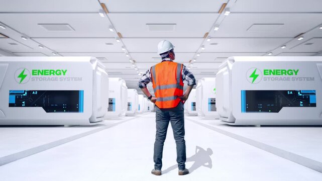 Full Body Back View Of A Male Engineer Wearing Safety Helmet Looking Around While Standing With Arms Akimbo at Modular Energy Storage Systems