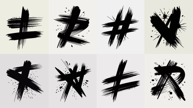 A collection of eight abstract black brushstroke designs resembling stylized hashtags and crosses on a neutral background high quality professional detailed modern elegant stylish clean crisp