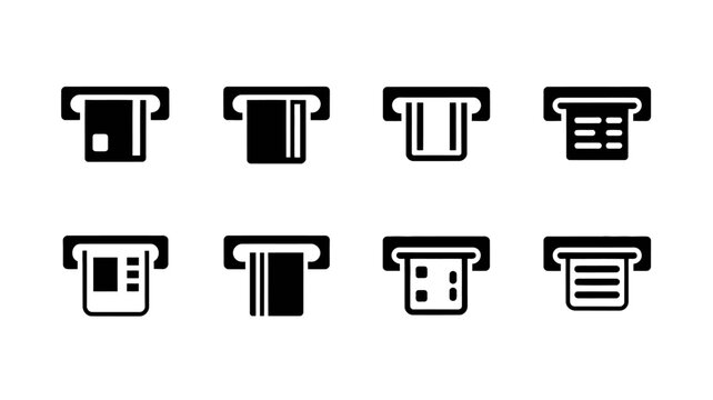 A collection of eight black and white atm machine icons displaying various card reader and display interfaces high quality professional detailed modern elegant stylish clean crisp