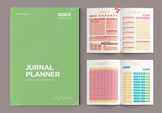 Pastel Journal Planner Book Layout with Daily Weekly Monthly Pages Template