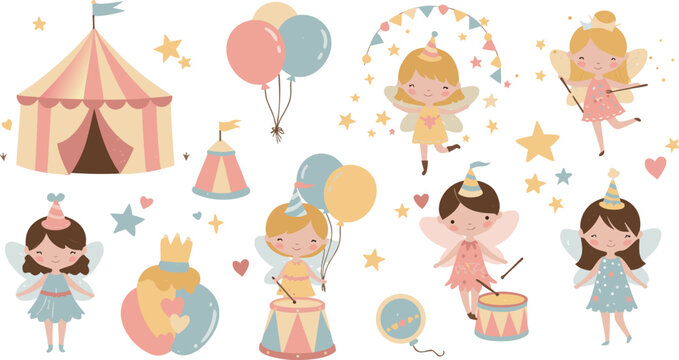 Whimsical illustration of princess girls and festive party elements in pastel colors for kids and children celebrations