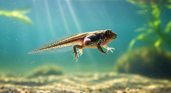 Brown tadpole swimming in clear water.