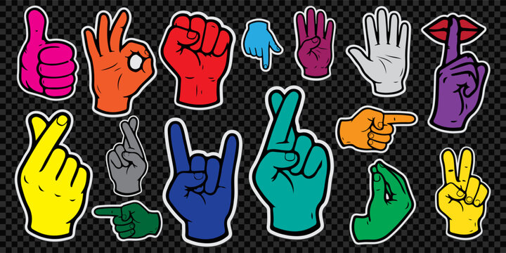 Collection of colorful hand gestures and finger signals stickers. Hand drawn cartoon arms showing thumbs up, okay, peace sign, fist and heart isolated on dark background.