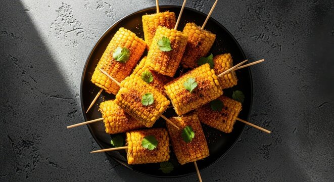 Top view of grilled corn on the cob on skewers served on a black plate with cilantro garnish