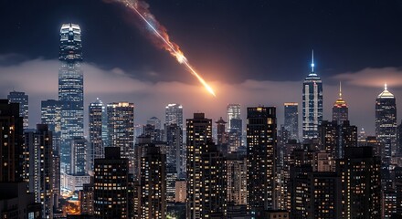 Obraz premium Meteorite streaks across city skyline at night.