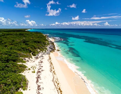 Aerial view of a stunning tropical coastline with white sandy beaches