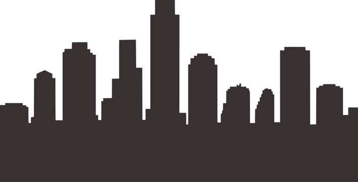 Dark gray silhouette of a modern city skyline with varied building heights against a white background