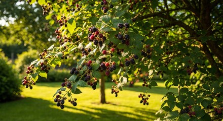 Fototapeta premium Lush Blackberry Bush Abundance in Summer, Laden With Ripe Berries and Nature s Freshness Delight