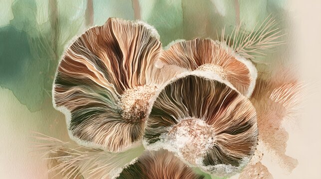 Serene watercolor mushroom illustration evokes calm woodland textures earthy tones soft light diffusion