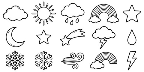 Obraz premium Collection of weather forecast line icons. Hand drawn minimalist doodle set of sun, clouds, rain, rainbow, moon and snowflakes, isolated.