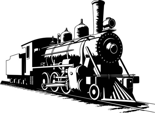 Detailed black and white of a vintage steam locomotive railroad tracks train engine