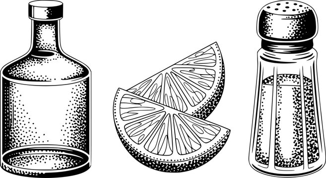 Vintage black and white of a bottle, citrus slices, and salt shaker