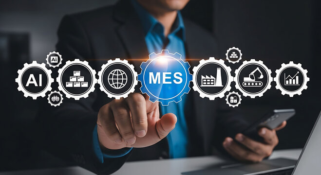 Businessman pointing at MES Manufacturing Execution System icon for smart industry