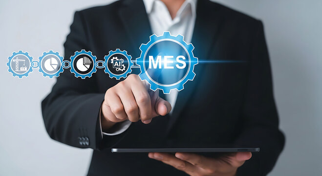 Businessman touching MES icon for smart manufacturing automation and digital factory data management.