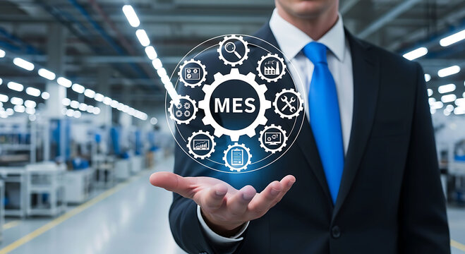 Professional businessman holding virtual Manufacturing Execution System MES icon in factory
