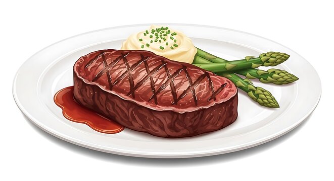 Delicious steak with asparagus and mashed potatoes on a white plate