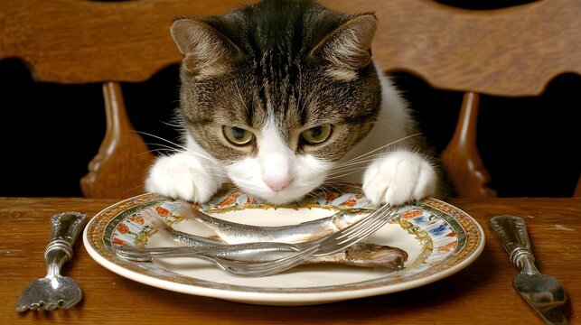 at dining table with a fork and knife staring seriously at a plate of fish